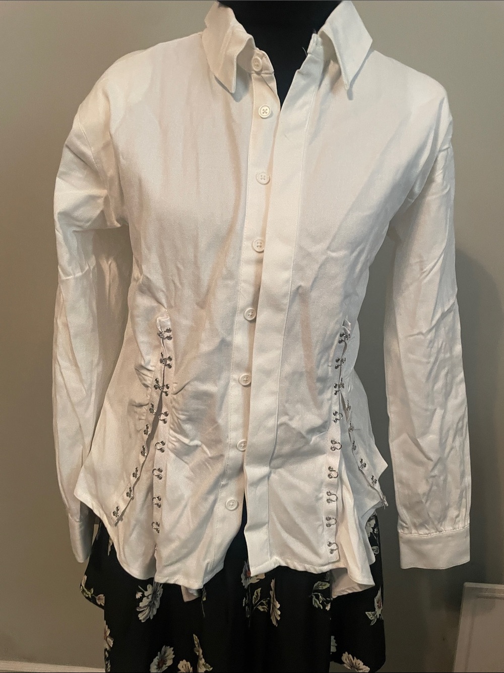 White Button-Front Women's Blouse with Side Hook Detail